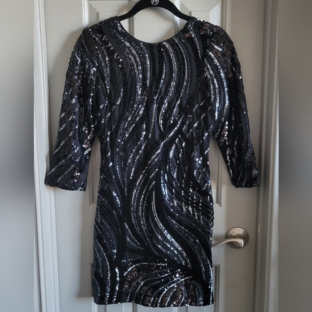 Express Black and Silver Sequin 3/4 Sleeve Dress